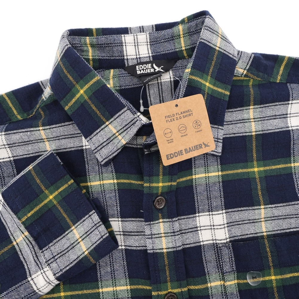 NEW Eddie Bauer Field Flannel Flex 2.0 Shirt Navy Long Sleeve Mens Medium Shirt